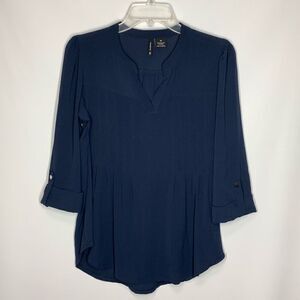 New Directions Women's Rolled Up Sleeve Split Neck Blouse Navy Blue Size Medium